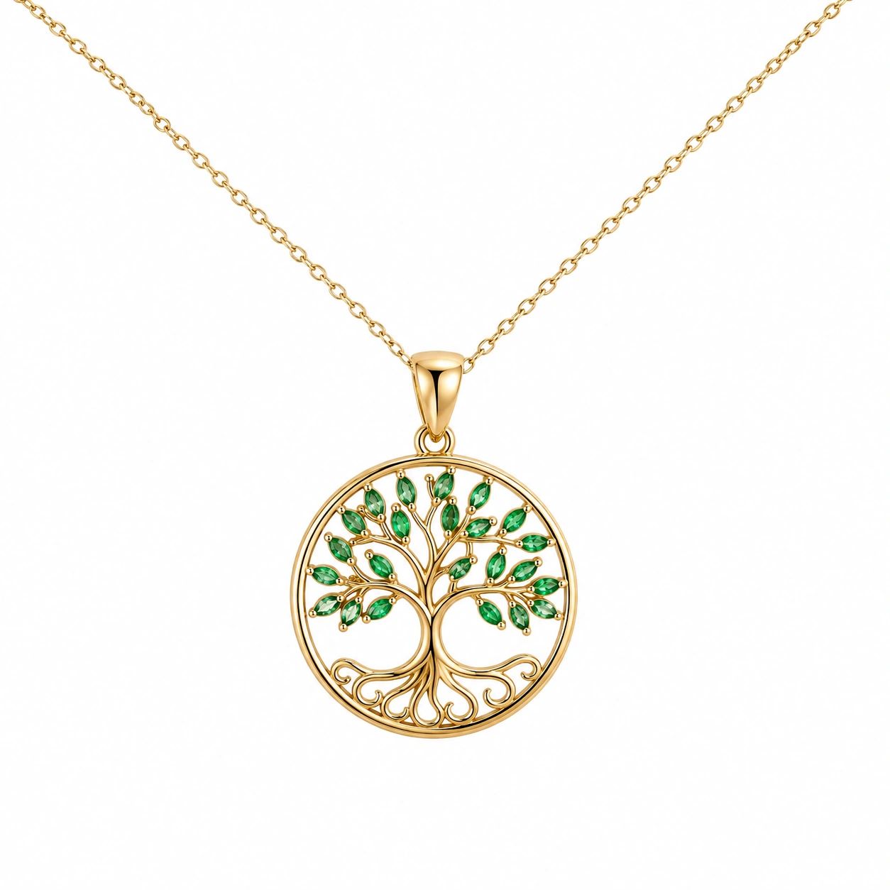 Lebensbaum-Anhänger Halskette mit grünen Steinen in Gold-ecolivio