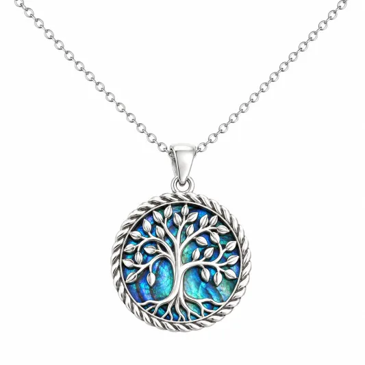 Runder Lebensbaum Anhänger Halskette Silber Blau 3cm-ecolivio