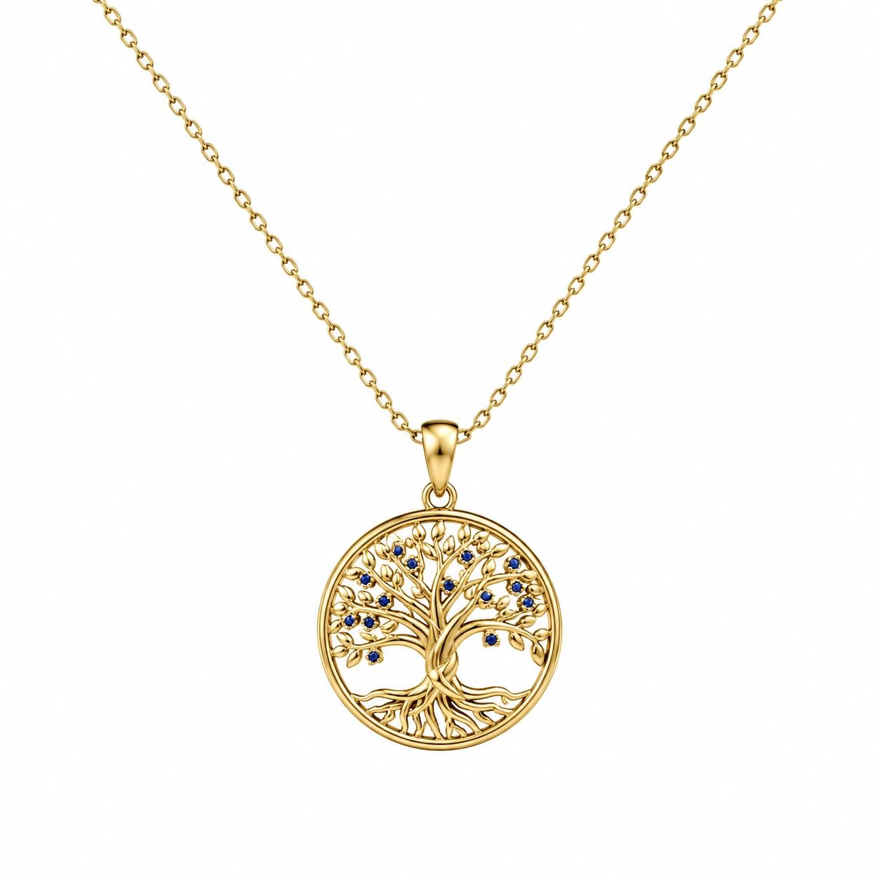 Lebensbaum Anhänger Halskette in Gold mit Blauen Kristallen-ecolivio