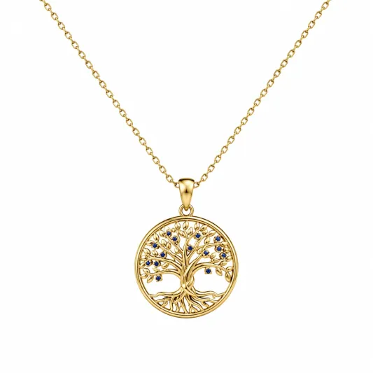 Lebensbaum Anhänger Halskette in Gold mit Blauen Kristallen-ecolivio