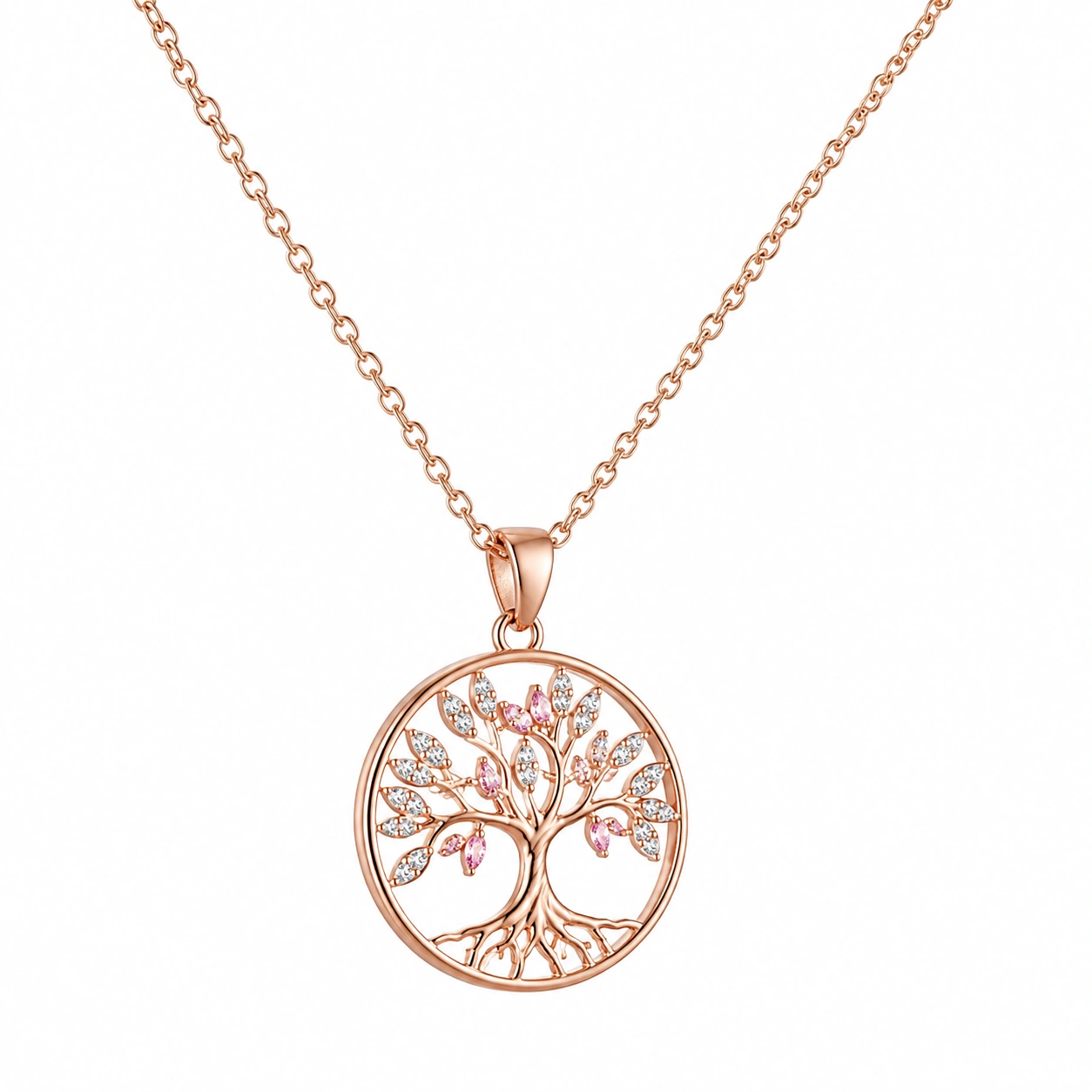 Lebensbaum Halskette mit rosa und klaren Zirkonia in Roségold-ecolivio