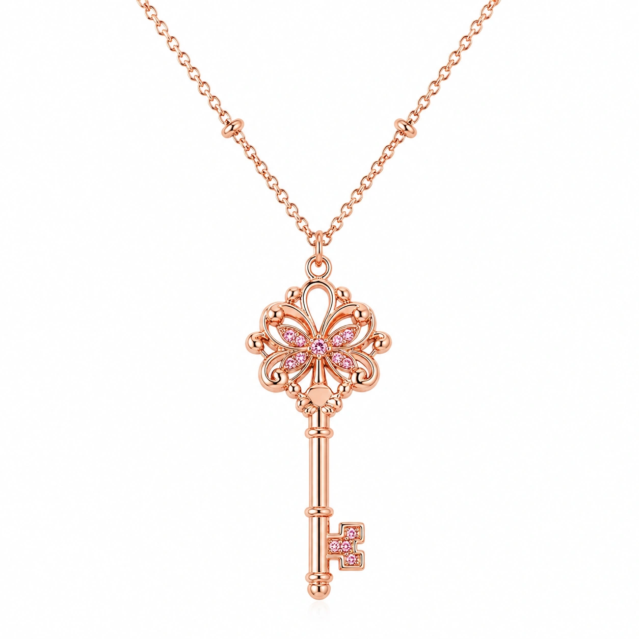 Roségold Halskette mit Schlüsselanhänger und rosa Kristallen-ecolivio