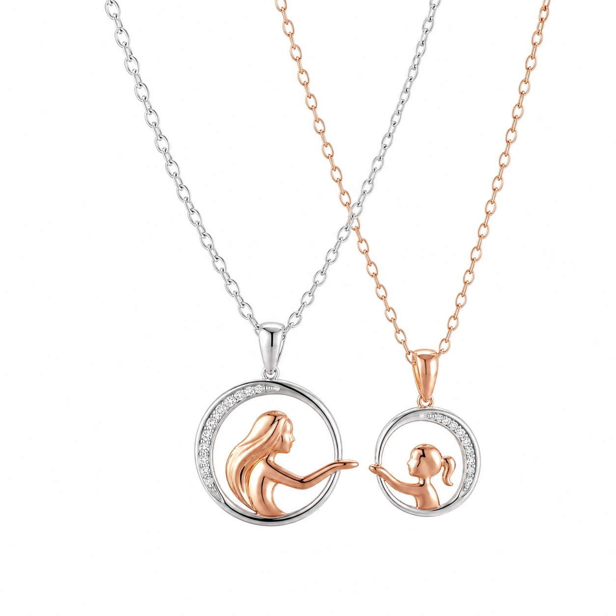 Mutter-Tochter Halskette Set mit Roségold und Silber und Zirkonia-ecolivio