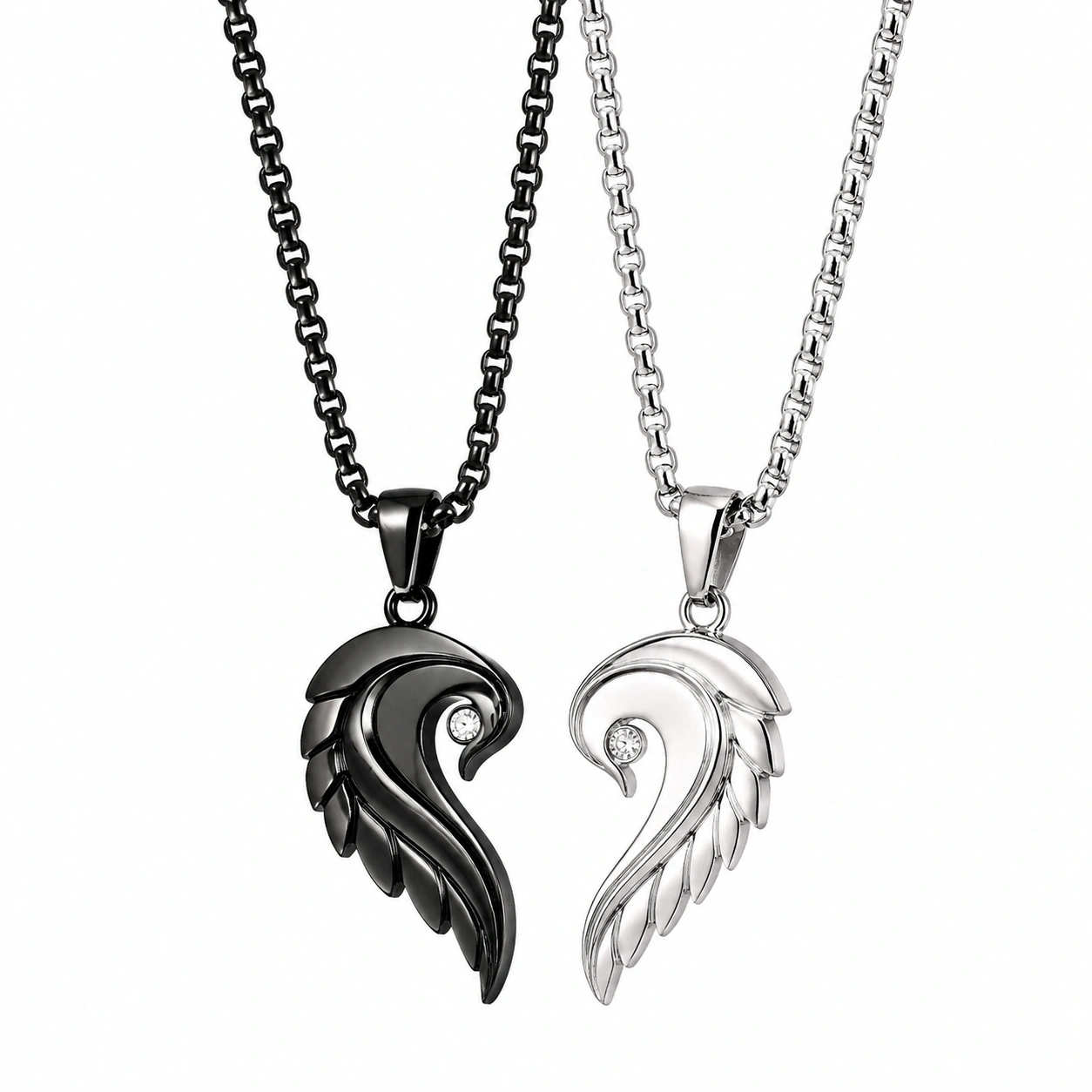 Flügel Anhänger Halskette, Schwarz und Silber, Edelstahl, 50cm-ecolivio