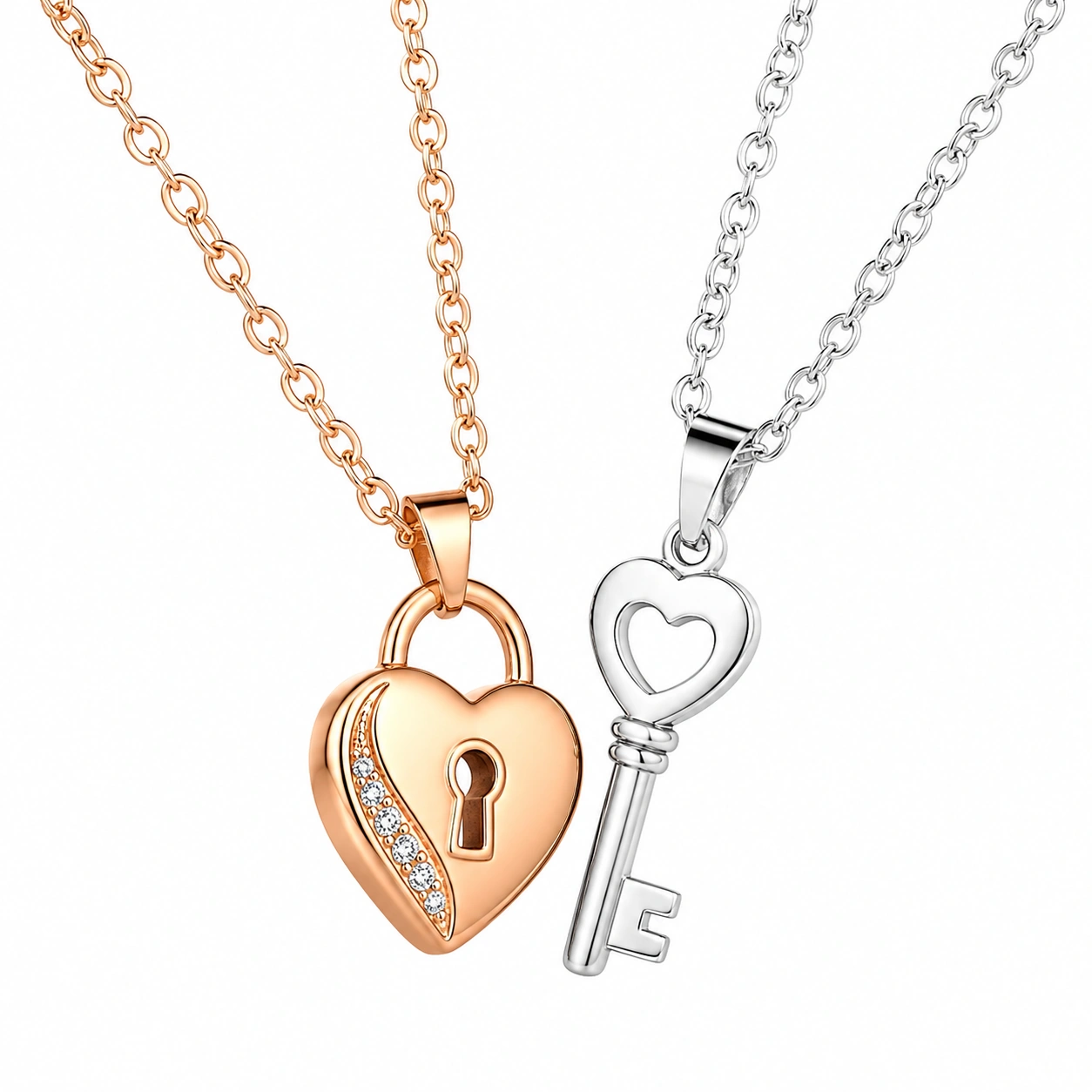 Herzschloss und Schlüssel Anhängerkette in Roségold und Silber-ecolivio