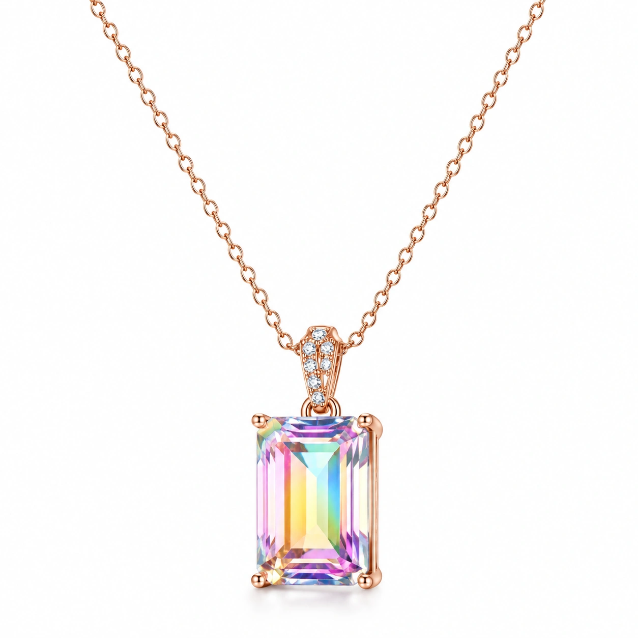 Rechteckiger Regenbogenkristall-Anhänger Halskette in Roségold-ecolivio