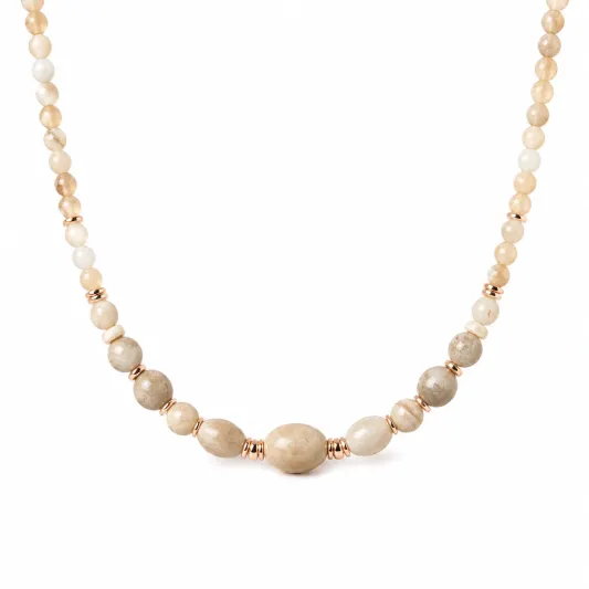 Beige Naturstein Perlenkette mit Rosé Akzenten-ecolivio