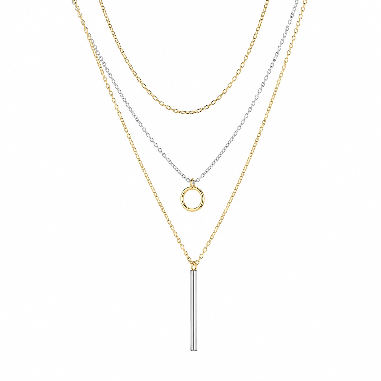 Stilvolle Mehrschichtige Halskette mit Röhren- und Kreisanhänger - Gold/Silber-ecolivio