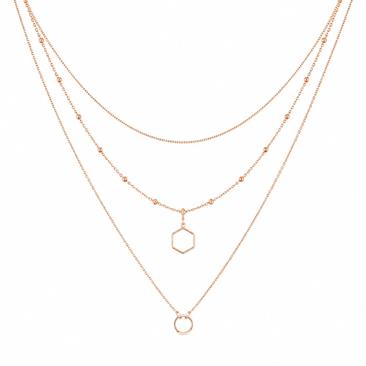 Dreilagige Roségold Halskette mit Geometrischen Anhängern-ecolivio