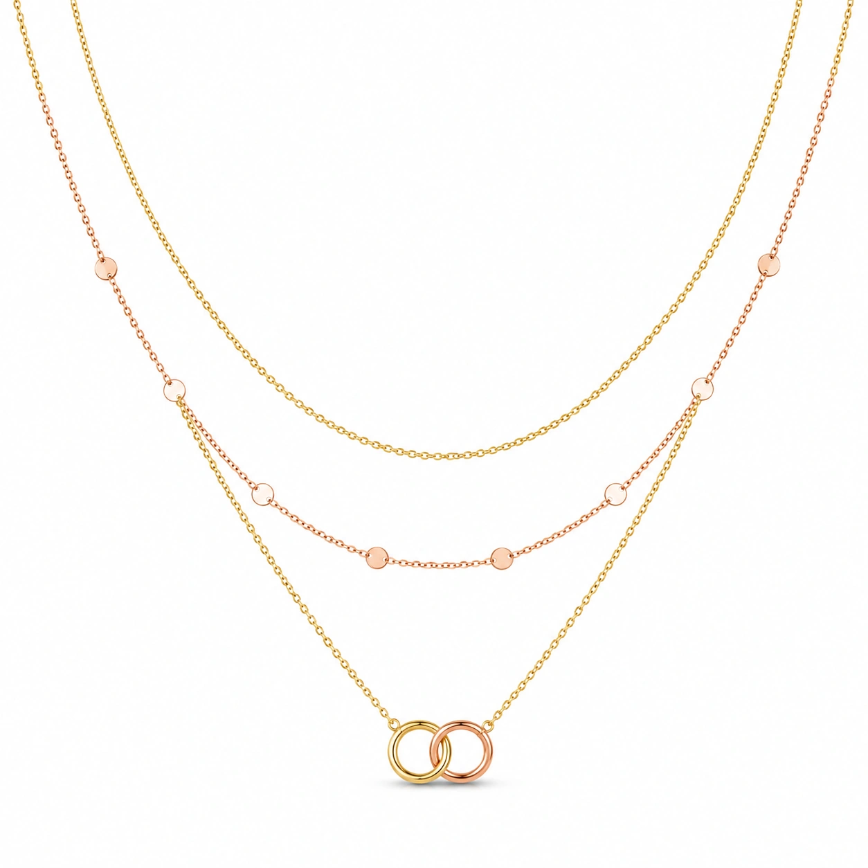 Halskette mit Zwei Farbigen Strängen und Ringen in Roségold und Gelbgold-ecolivio