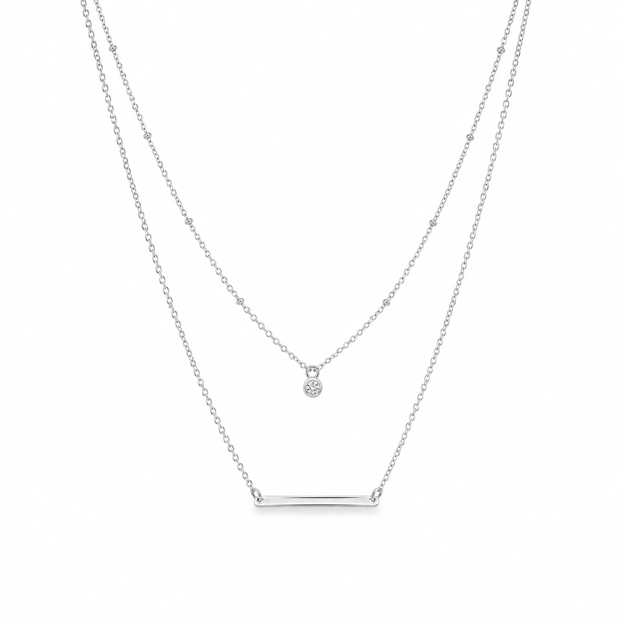 Doppelschicht Silber Halskette mit Zirkonia-Anhänger-ecolivio