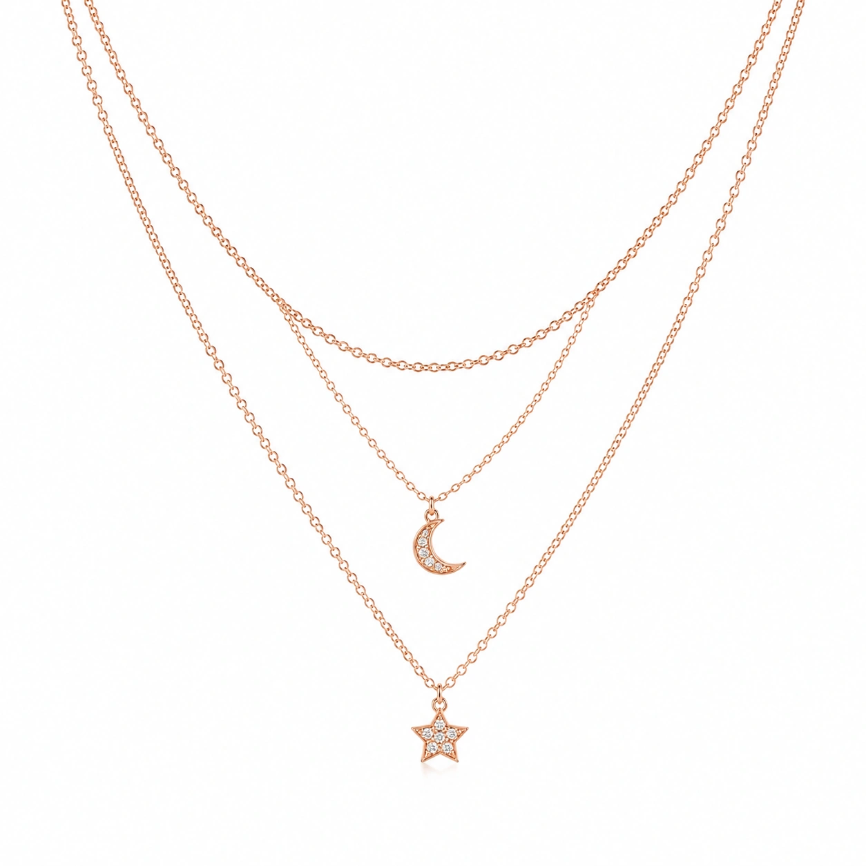 Dreireihige Halskette mit Mond- und Sternanhängern, Roségold-ecolivio