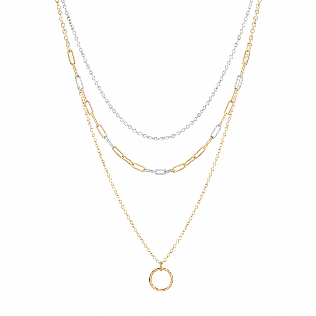 Mehrlagige Halskette mit rundem Anhänger in Gold und Silber-ecolivio