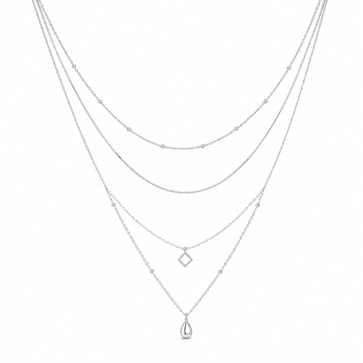 Silberne Mehrschichtige Halskette mit Tropfen- und Geometrischem Anhänger-ecolivio
