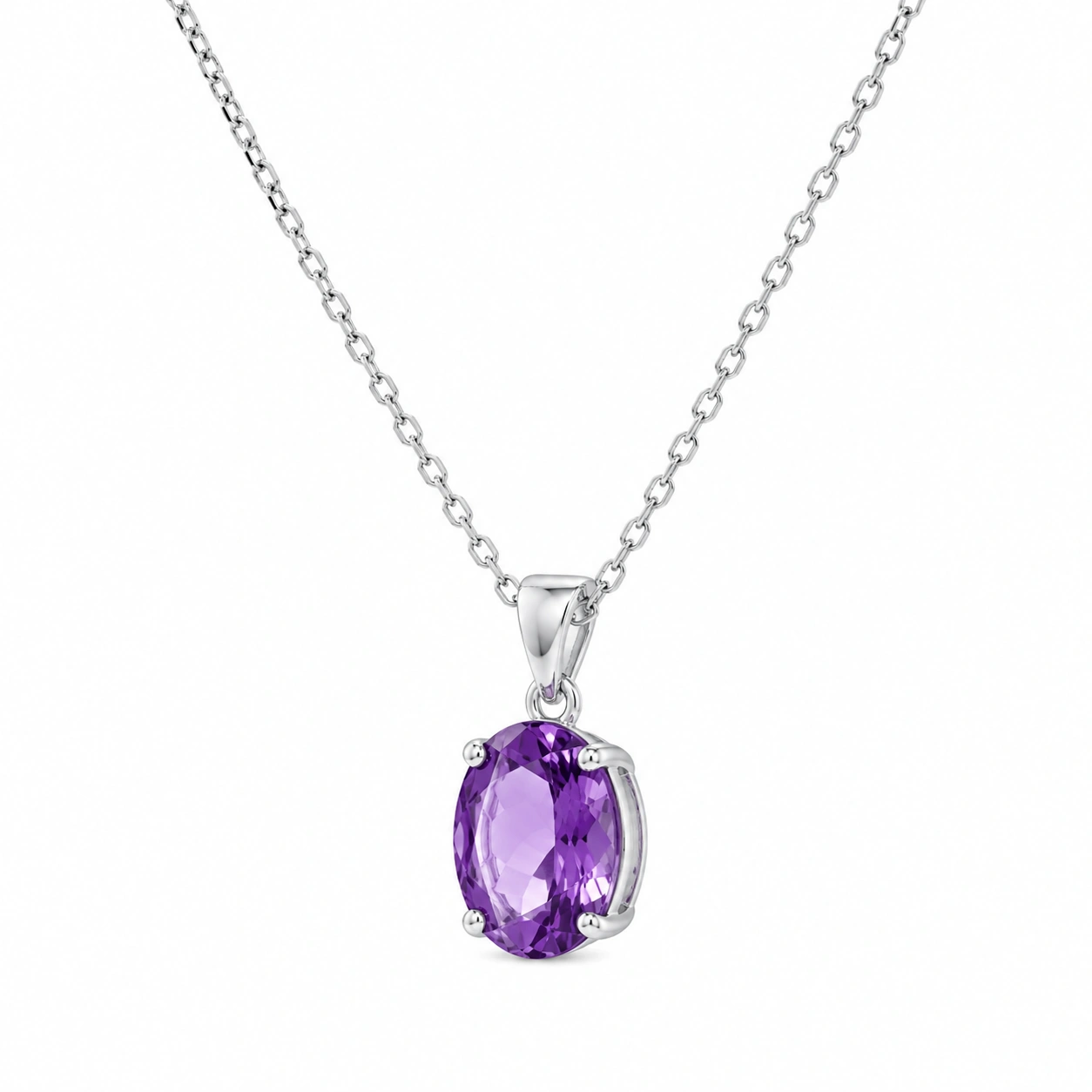 Silberne Halskette mit ovalem Amethyst-Anhänger, 45 cm-ecoformia