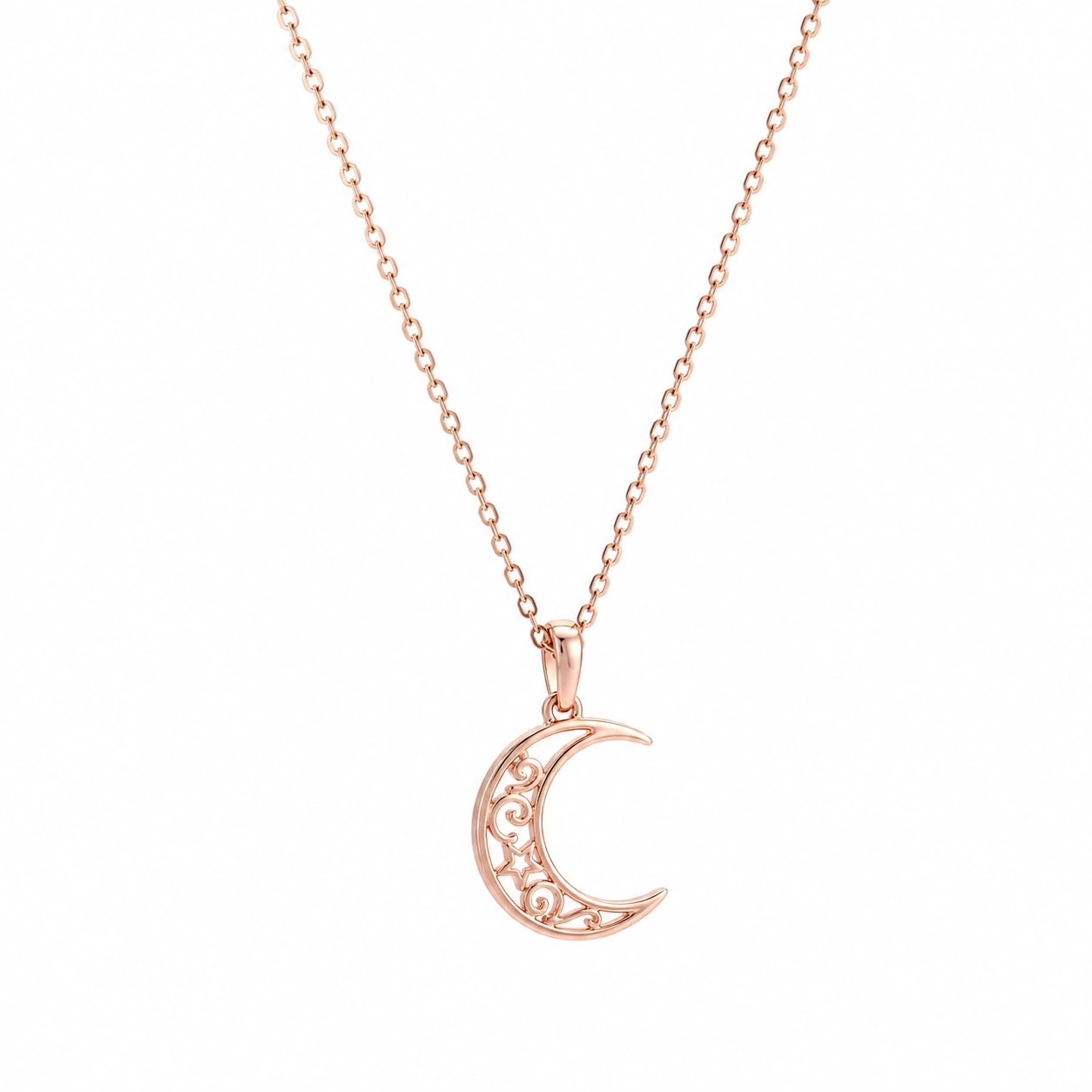 Roségoldene Kette mit filigranem durchbrochenen Mondanhänger-ecoformia