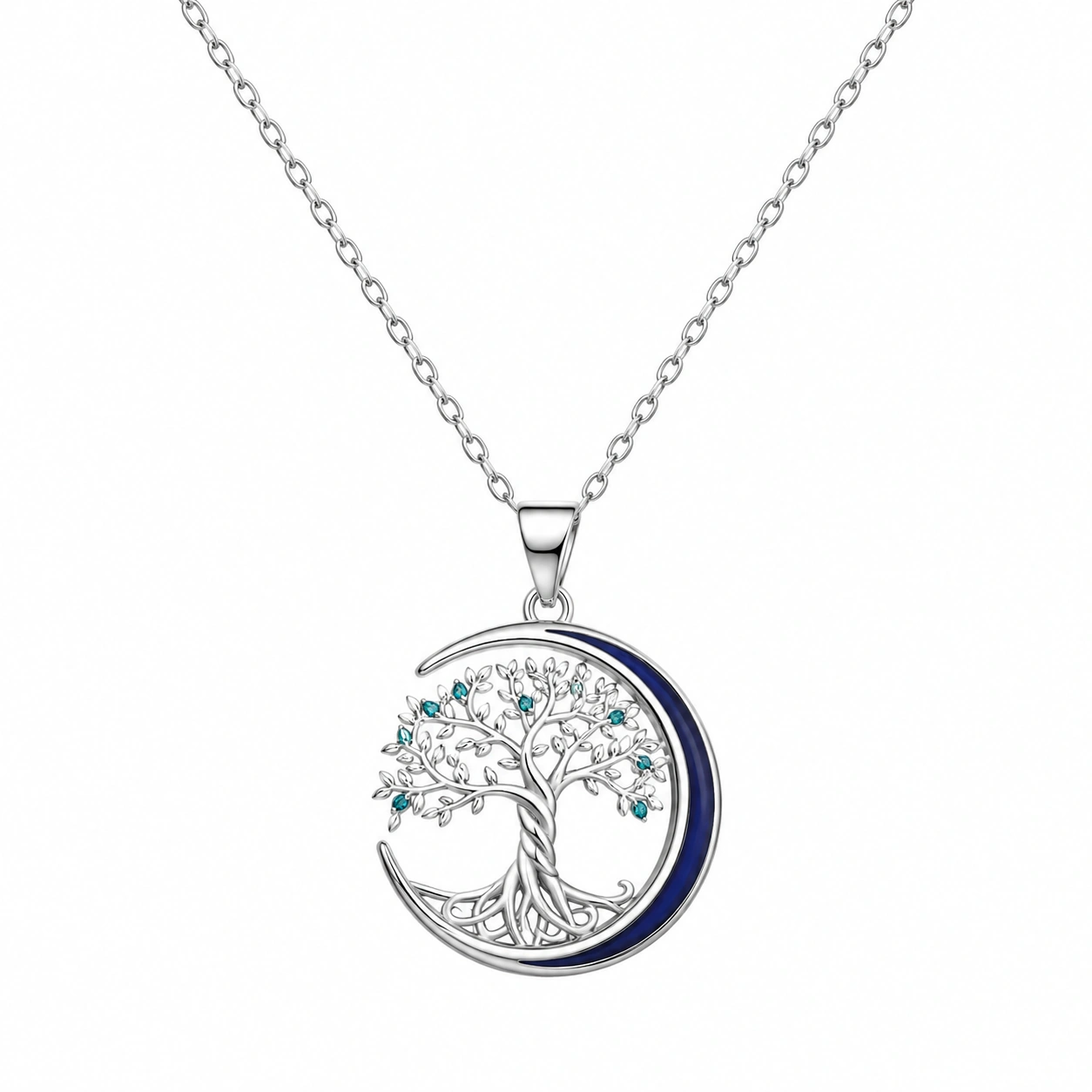 Lebensbaum-Halskette mit Halbmond-Anhänger in Silber/Blau-ecoformia