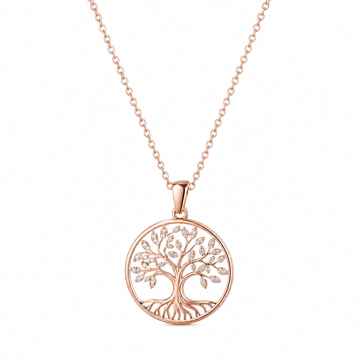 Roségoldene Halskette mit Lebensbaum-Anhänger und Zirkonia-ecoformia