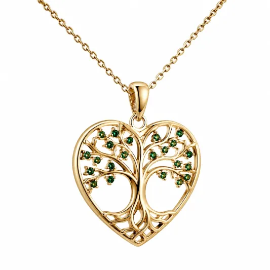 Goldene Herzkette mit Lebensbaum und grünen Akzenten-ecoformia