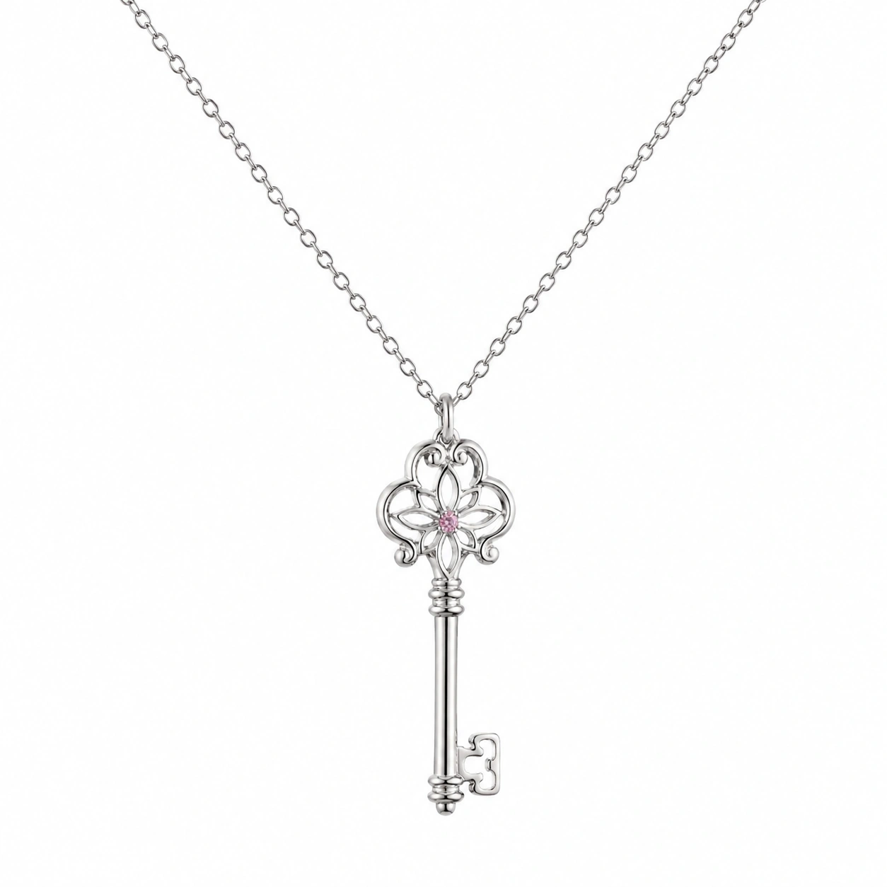 Silberne Halskette mit Schlüsselanhänger und rosa Stein-ecoformia