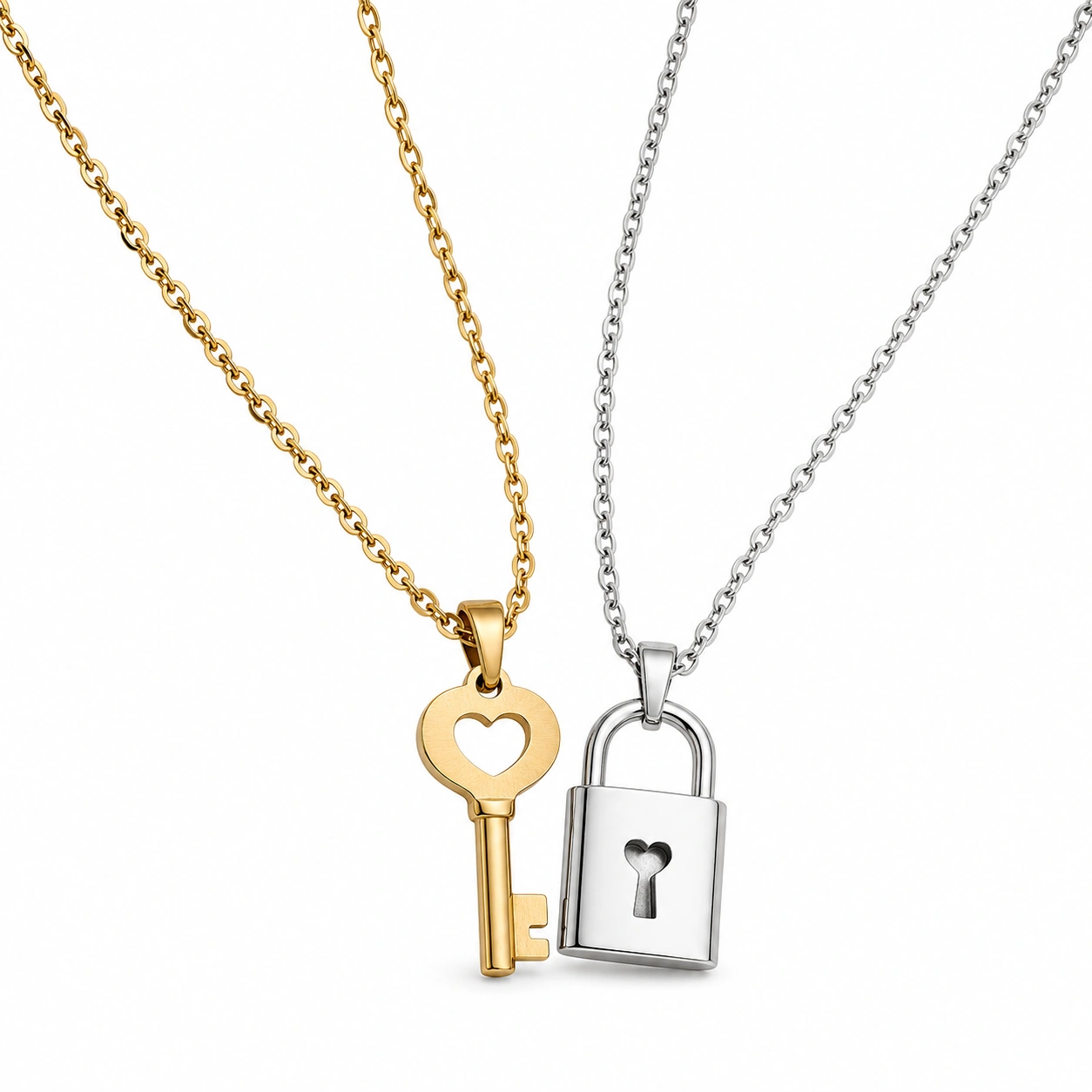 Damen Halskette Set mit Herzschlüssel und Schloss Anhängern, Gold und Silber-ecoformia