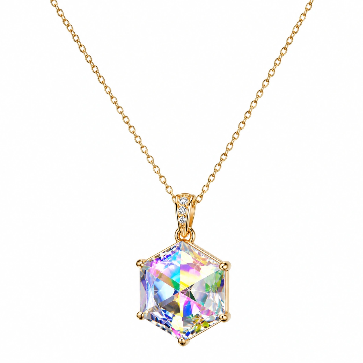 Goldene Halskette mit Hexagon-Anhänger und Regenbogenkristall-ecoformia