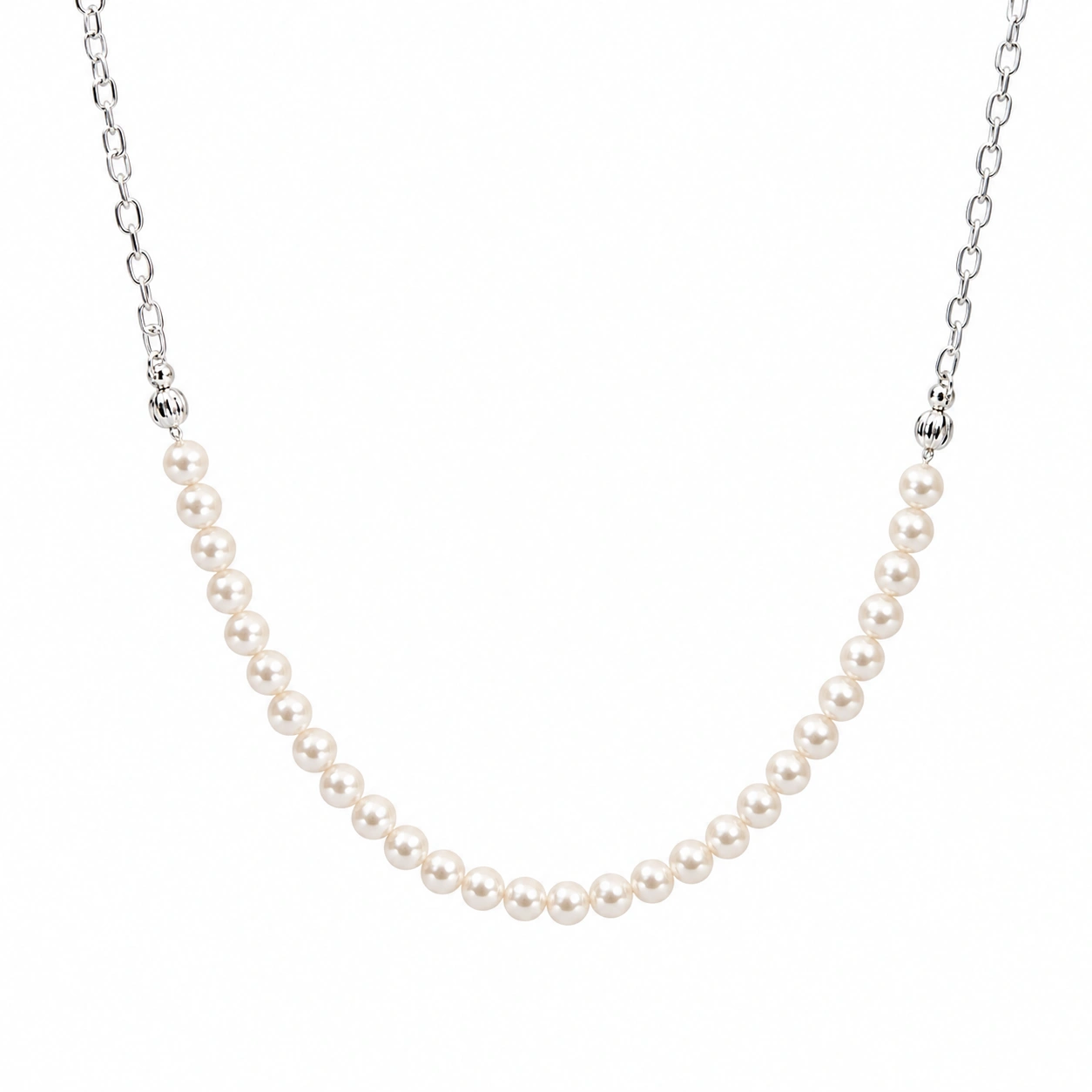 Elegante Halskette mit weißen Perlen und Silberkette, 45 cm-ecoformia