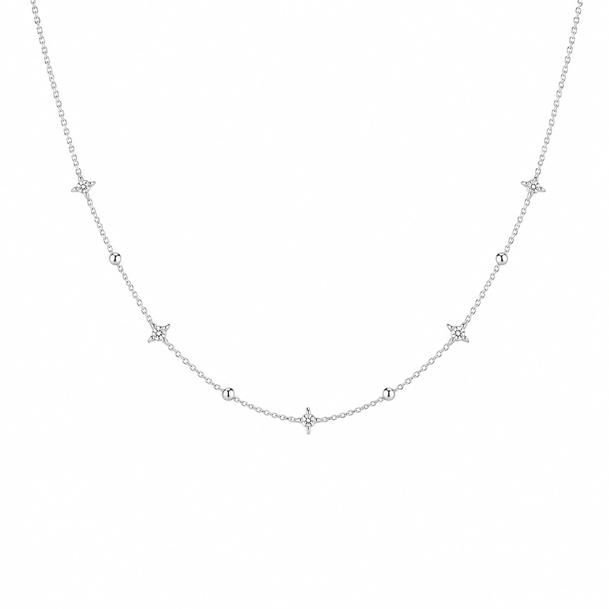Silberne Halskette mit Stern- und Kugelanhängern, verstellbar, 45 cm-ecoformia
