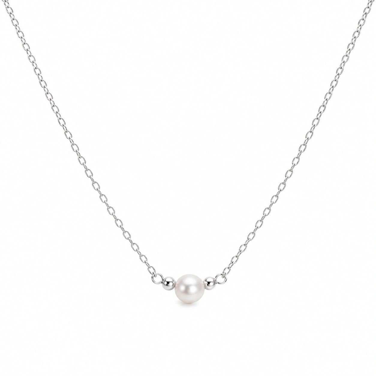 Silberne Kette mit Weißer Perle, 45cm-ecoformia