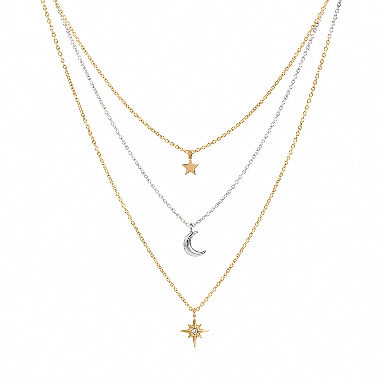 Halskette mit drei Schichten und himmlischen Anhängern in Gold und Silber-ecoformia