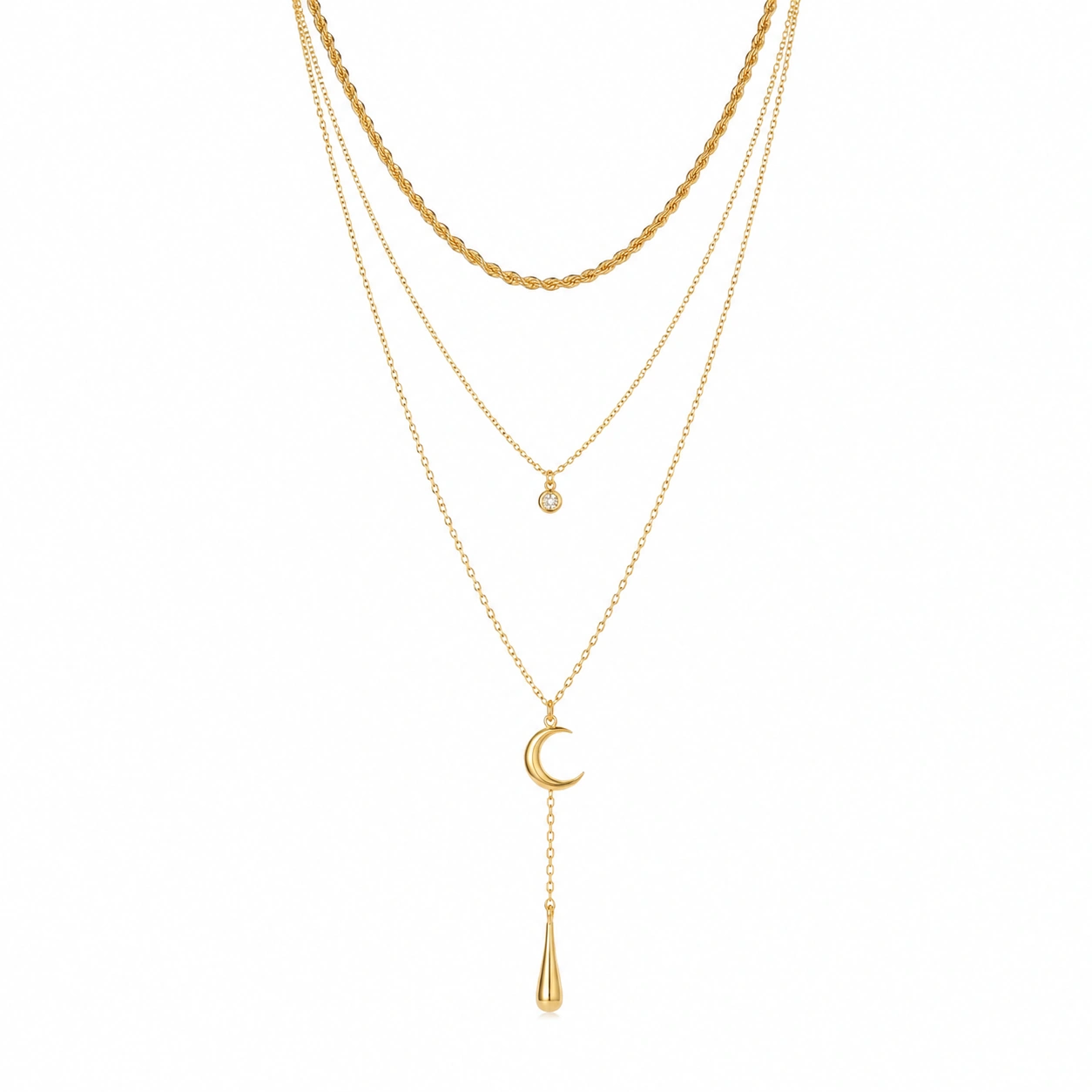 Dreifache Goldene Halskette mit Mond- und Tropfenanhängern-ecoformia