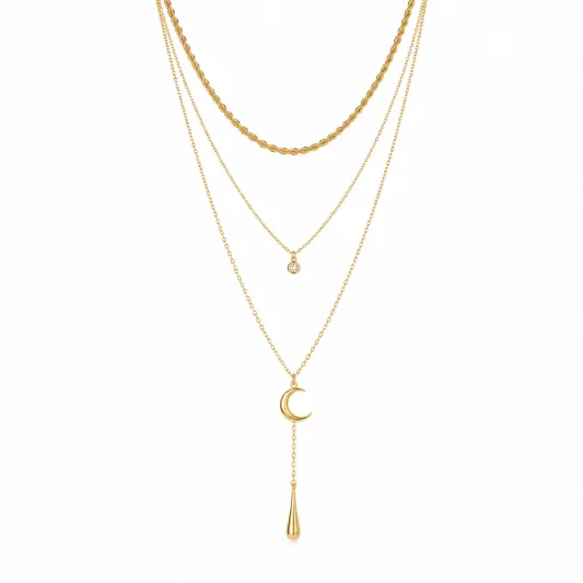 Dreifache Goldene Halskette mit Mond- und Tropfenanhängern-ecoformia