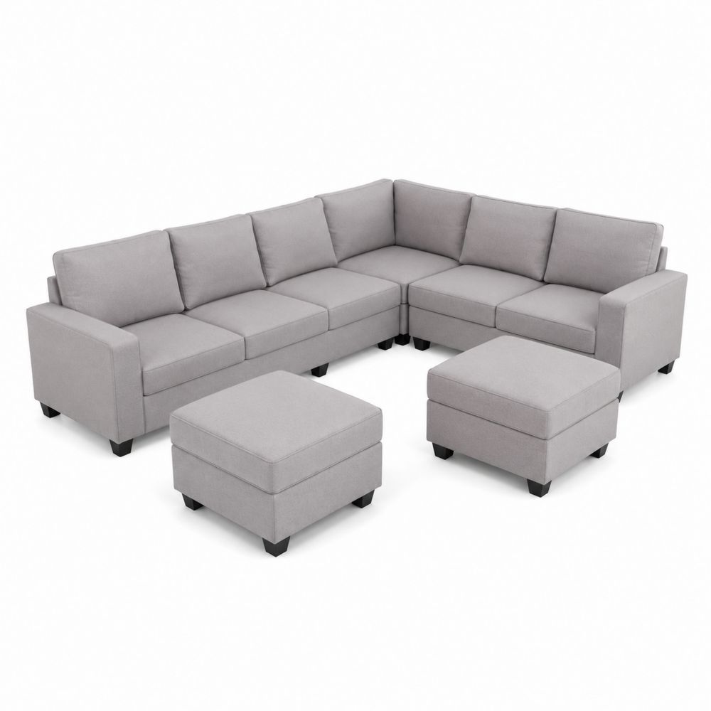 Sofa modułowa narożna z podnóżkami, szara, nogi drewniane