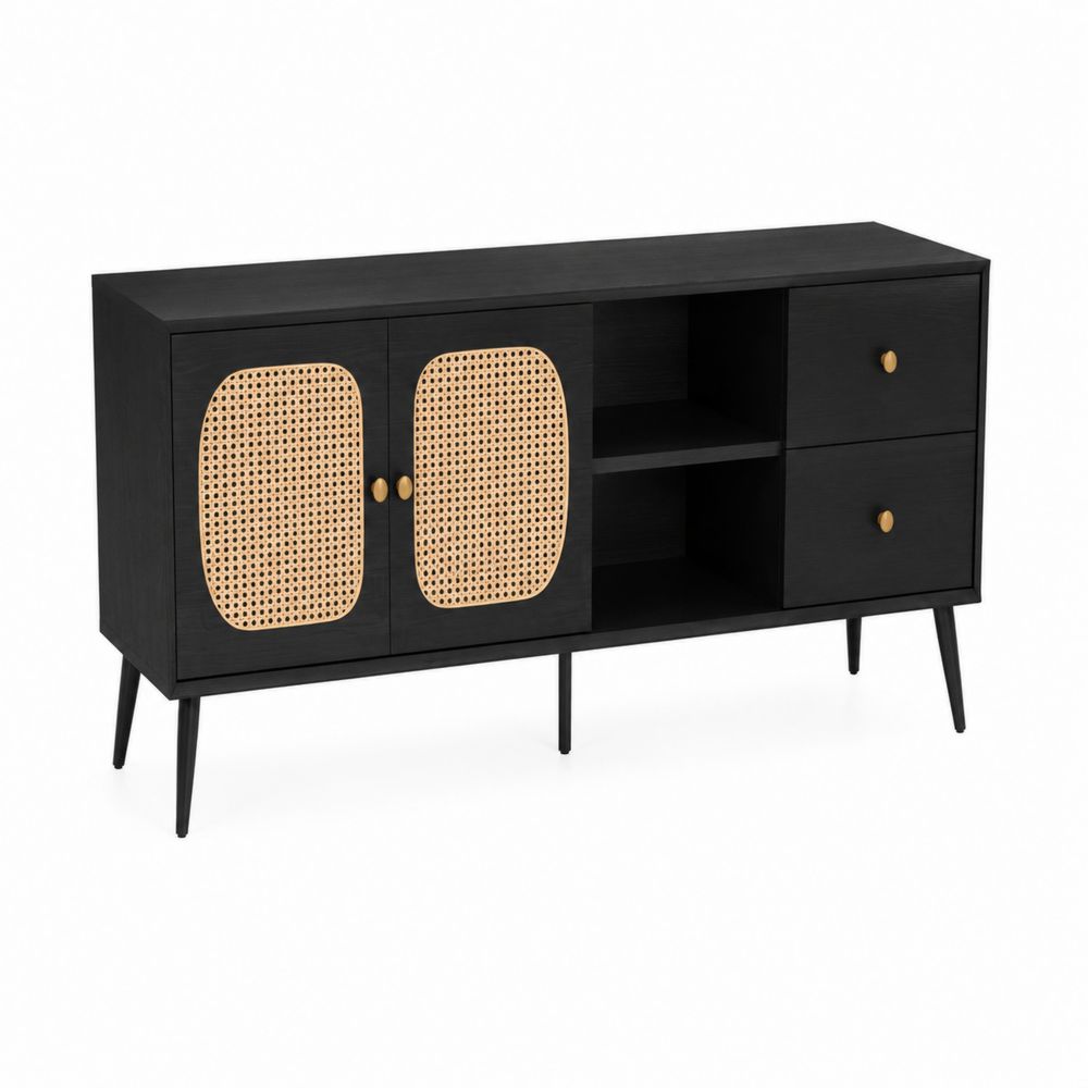 Szafka RTV czarna z rattanu i metalu 120cm