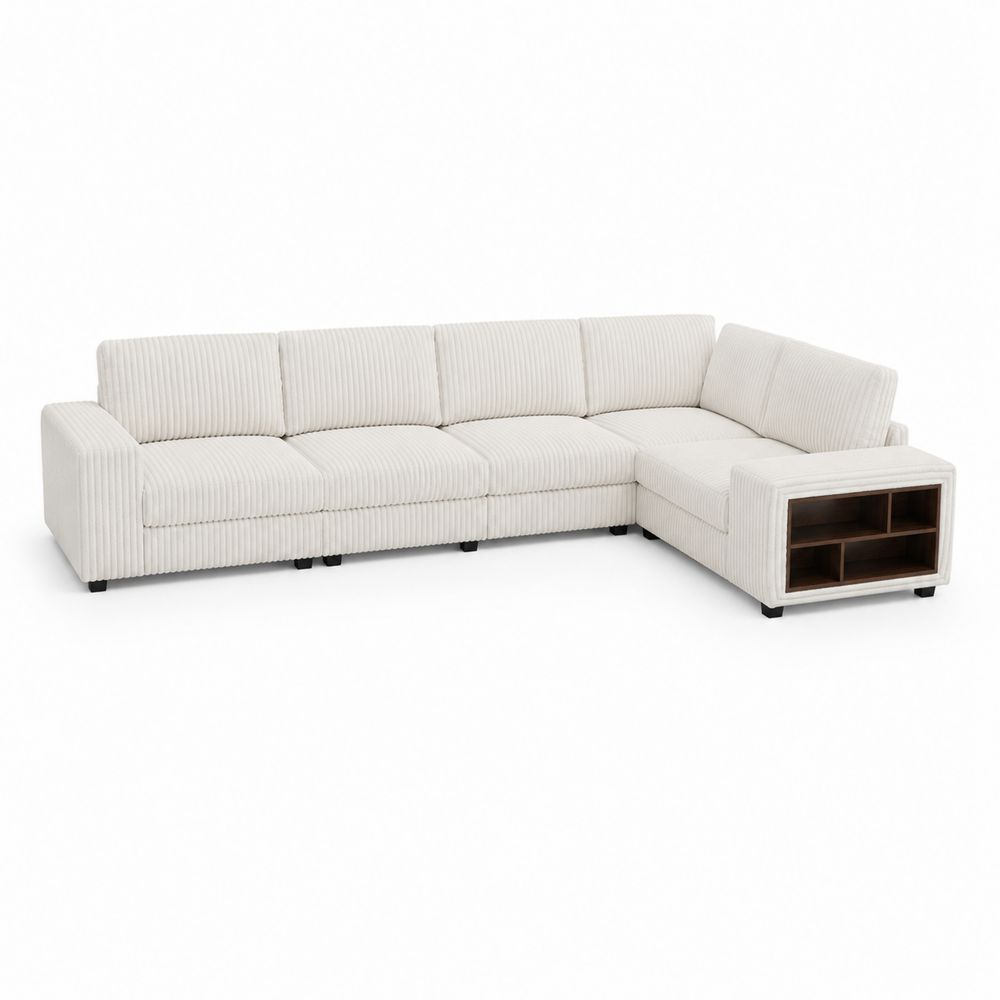 Narożna sofa modułowa z półką 5-osobowa kremowa