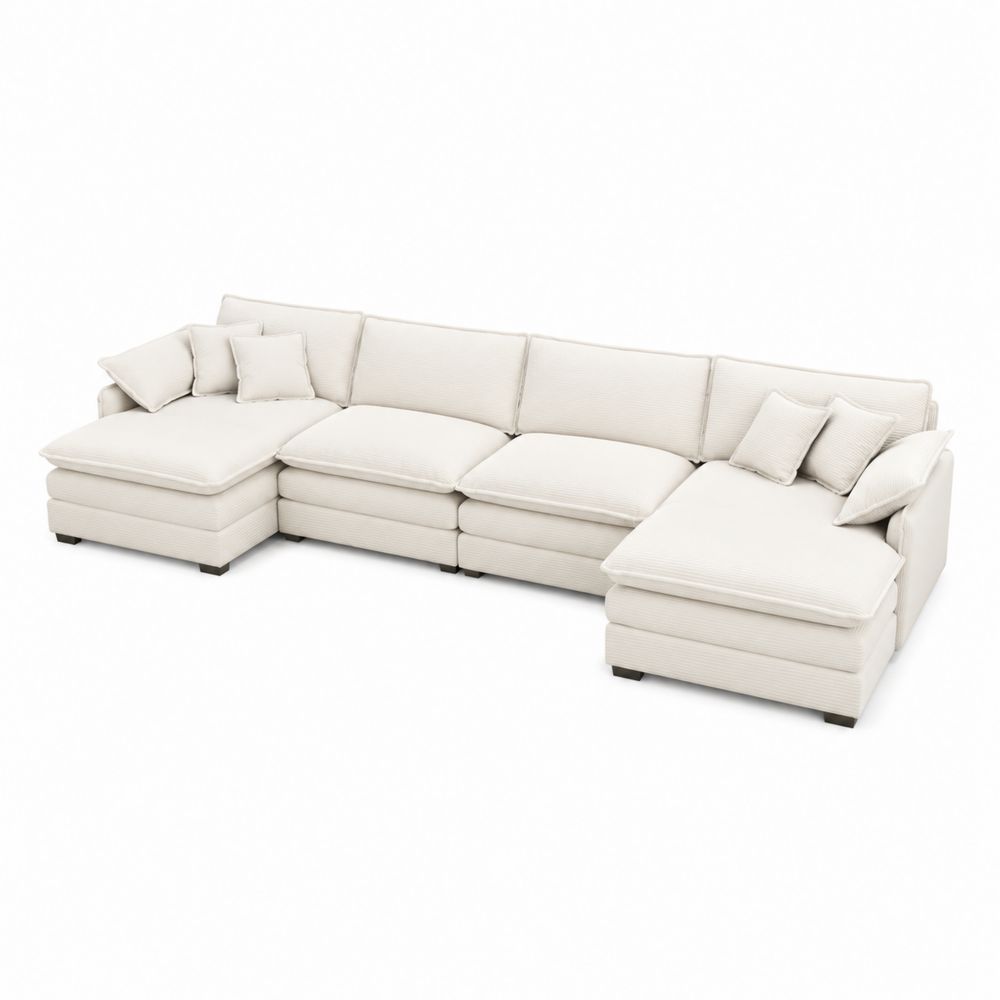 Modułowa sofa narożna z tkaniny lnianej, kremowy, dla 6 osób