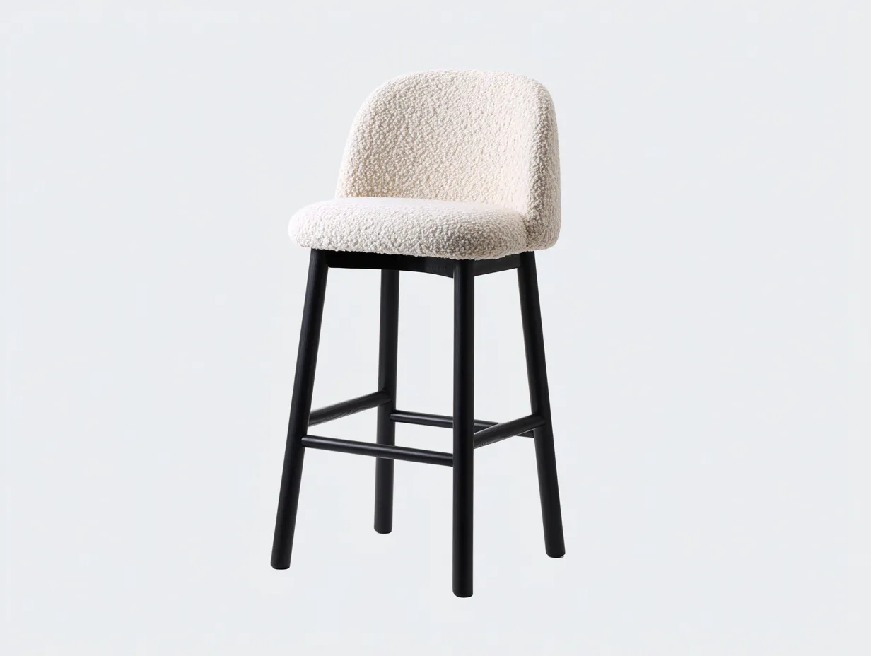 Barhocker 52x50x98 cm - Cremeweiß und Schwarz - Bouclé Tresenhocker mit Rückenlehne und Metallgestell-Liralydecor