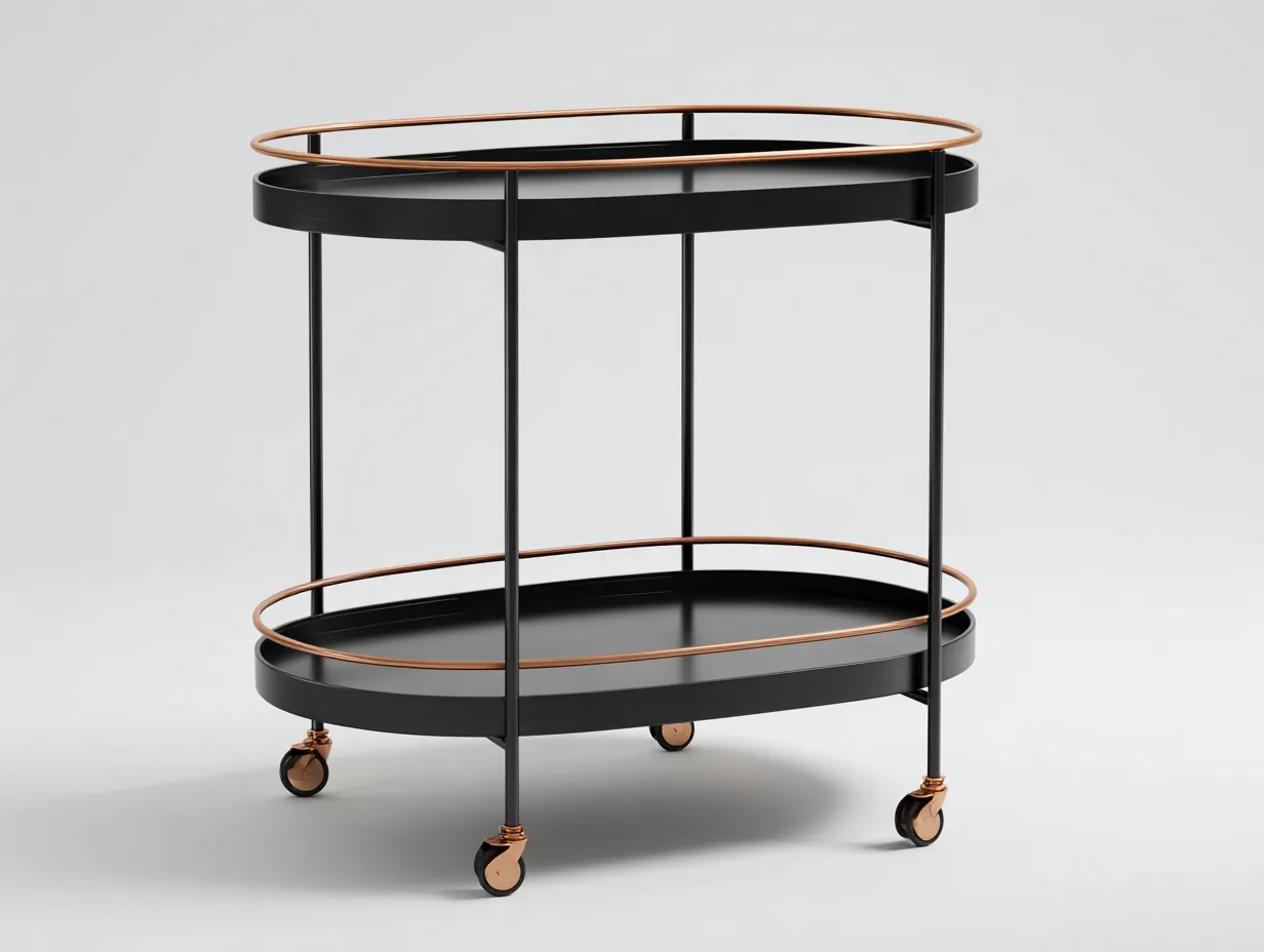 Küchenwagen aus Metall 78x42x86 cm - Schwarz und Kupfer - für die Küche - zweistöckig mit Rollen und ovalem Servierdesign-Liralydecor