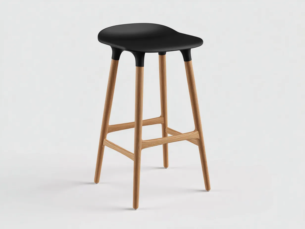 Barhocker 46x43x82 cm - Schwarz und Naturholz - moderner Holzhocker mit geformter Sitzfläche
