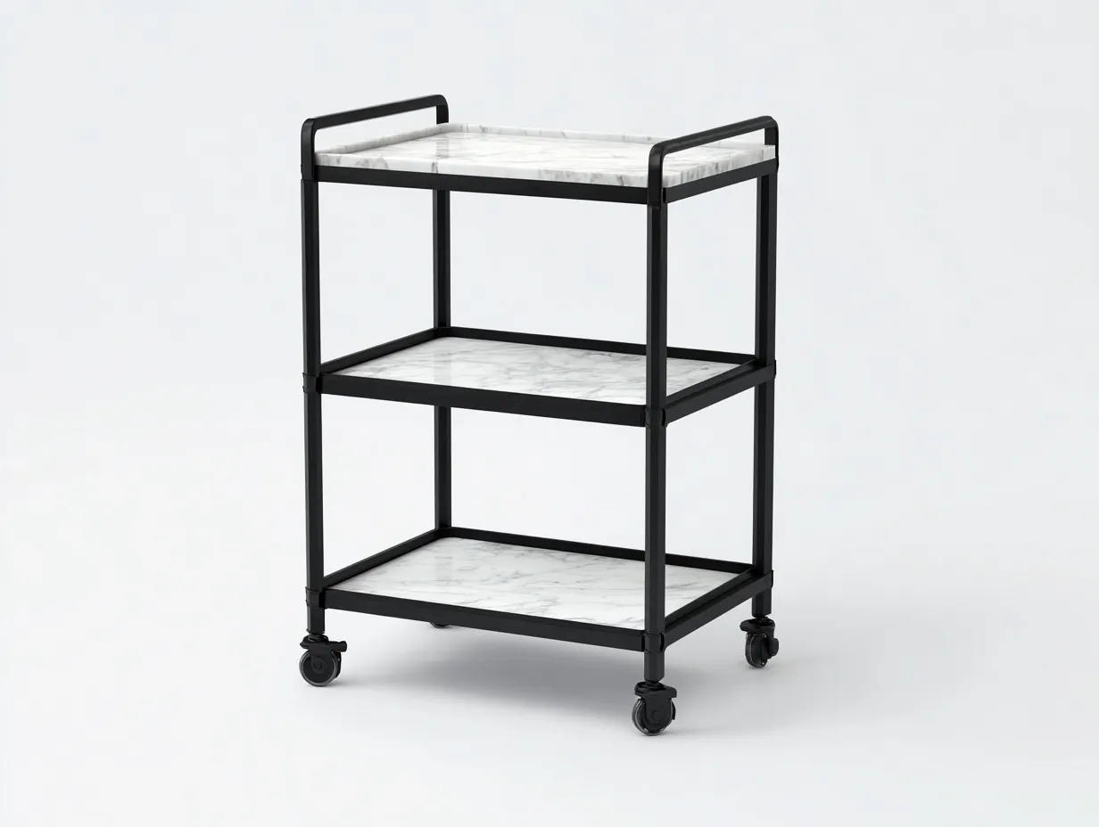Küchenwagen aus Metall und Steinoptik 52x36x86 cm - Weiß und Schwarz - für die Küche - dreistufig mit Rollen und kompaktem Aufbau-Liralydecor