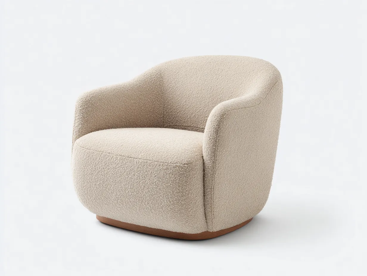 Sessel 88x84x78 cm - Bouclé-Stoff und Holz - cremeweiß und natur - runder Lounge-Sessel für das Wohnzimmer-Liralydecor
