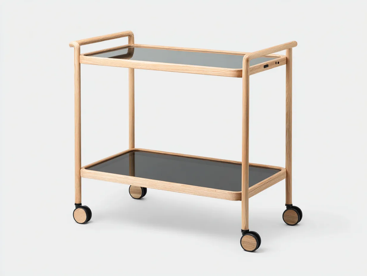 Küchenwagen aus Holz und Glas 72x40x83 cm - Natur und Schwarz - für die Küche - zweistöckiger Wagen mit Rollen und offenen Griffen-Liralydecor