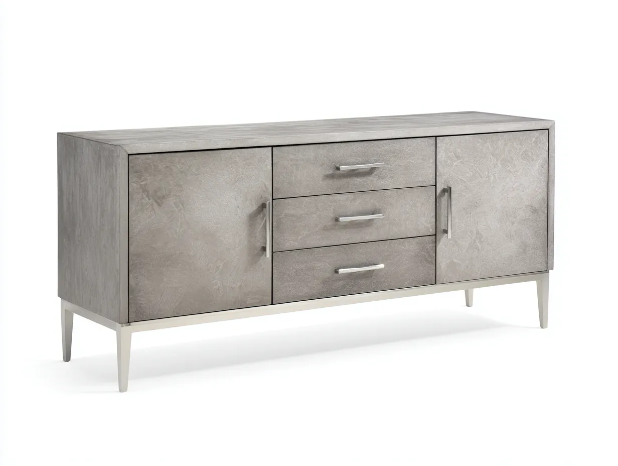 Sideboard aus Holzwerkstoff 180x45x80 cm - Hellgrau und Silber - für das Esszimmer - mit 2 Türen 3 Schubladen und modernem Untergestell-Sadironest
