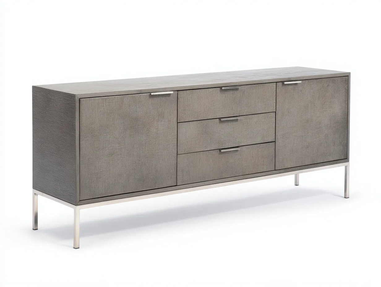 Sideboard aus Holzwerkstoff 190x45x79 cm - Graubeige und Silber - für das Esszimmer - mit 2 Türen 3 Schubladen und schlankem Metallrahmen-Sadironest