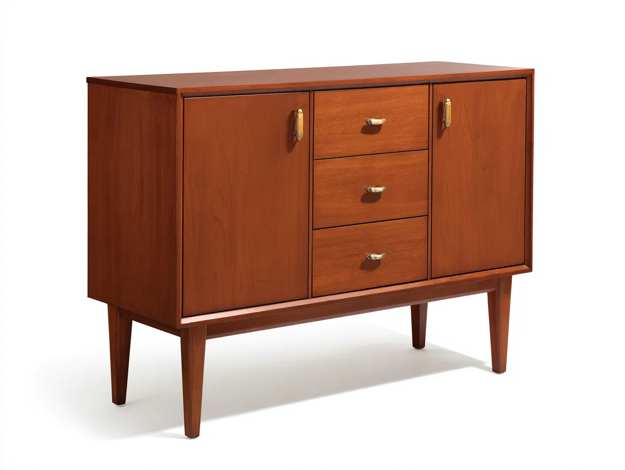 Sideboard aus Holz 140x42x88 cm - Rotbraun und Gold - für das Esszimmer - mit 2 Türen 3 Schubladen und Mid-Century-Charakter-Sadironest