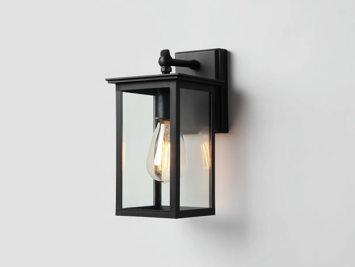 Wandleuchte 21x17x30 cm - Schwarz und Klarglas - Außenlampe mit Wandarm und sichtbarer E27 Fassung-Sadironest