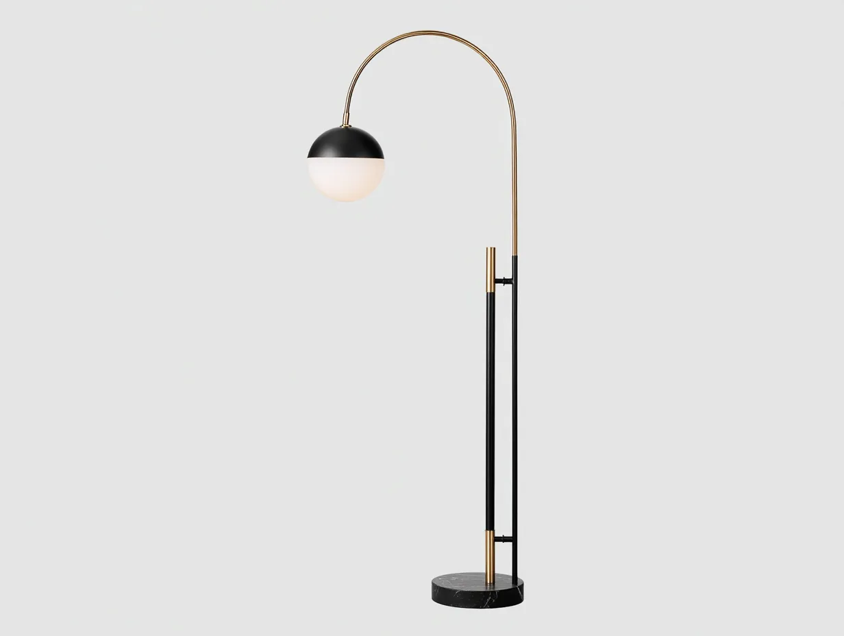 Stehleuchte 145x30x198 cm - Schwarz und Messing und Weiß - Bogenlampe für Wohnzimmer mit Kugeldiffusor-Siroyloft