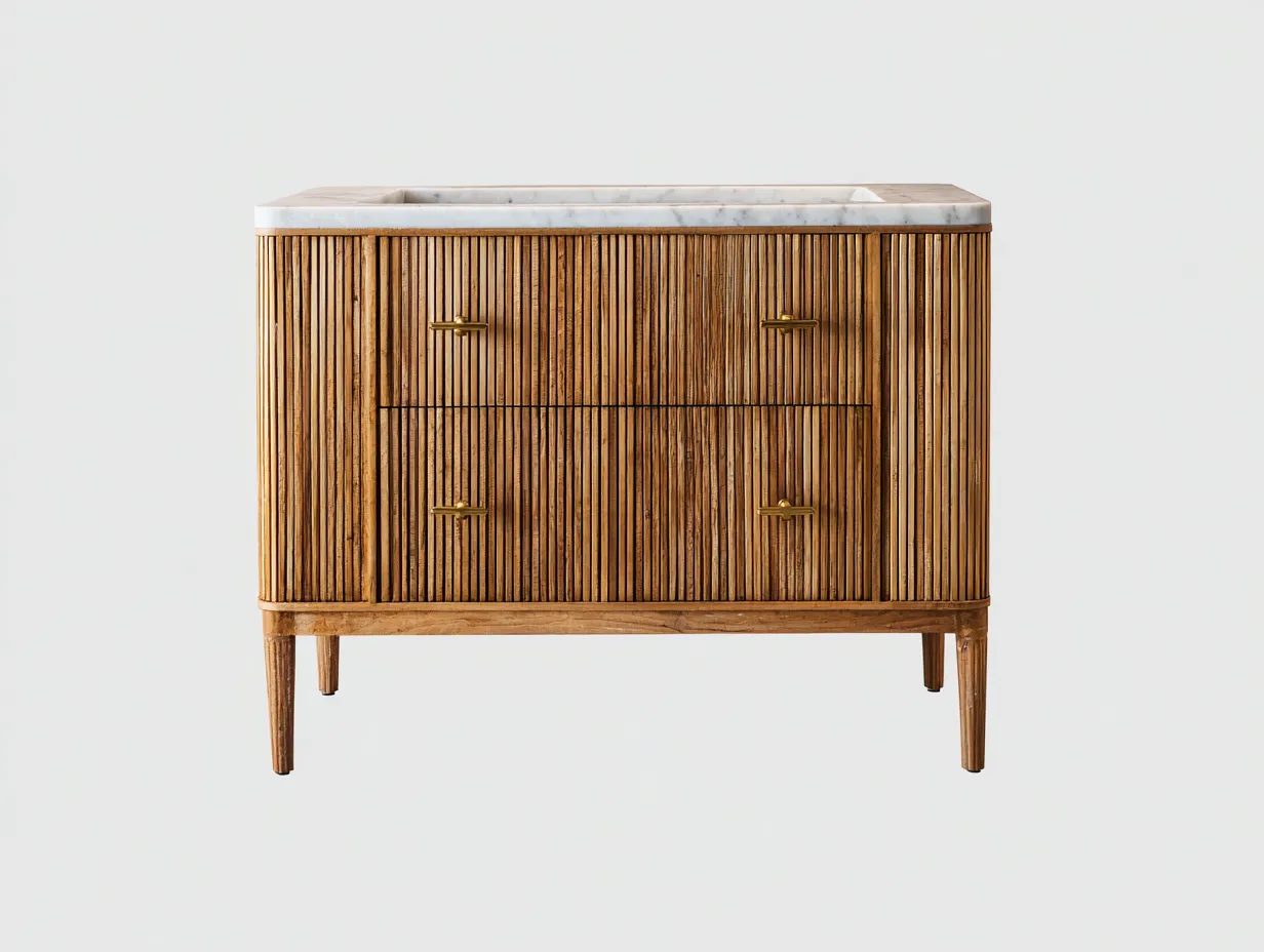 Waschbecken 90x56x85 cm - geriffelte Holzfront in Braun mit Marmorplatte - Badmöbel im Retro-Look-Siroyloft