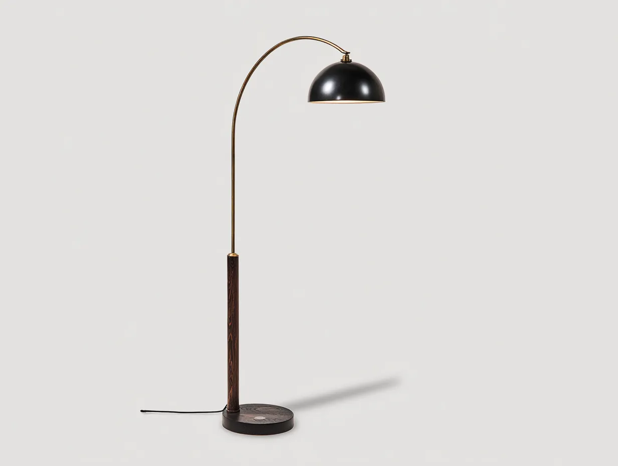 Stehleuchte 155x35x202 cm - Schwarz und Messing und Holz dunkel - Bogenlampe für Wohnzimmer mit Holzsäule-Siroyloft