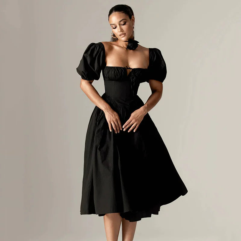 Lorbrv | French Black Square Neck Puff Sleeve Waist Midi Dress